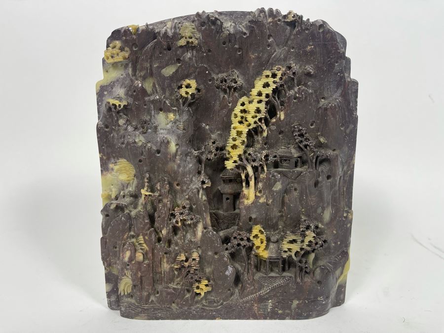 Chinese Relief Carved Soapstone Landscape Sculpture 7W X 8H X 1.5D [Photo 4]