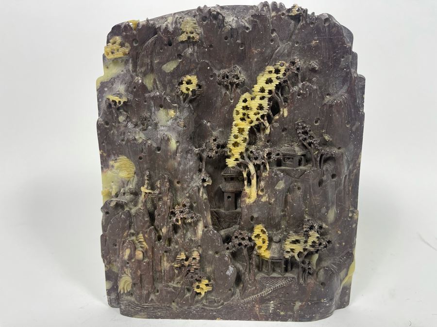 Chinese Relief Carved Soapstone Landscape Sculpture 7W X 8H X 1.5D [Photo 3]