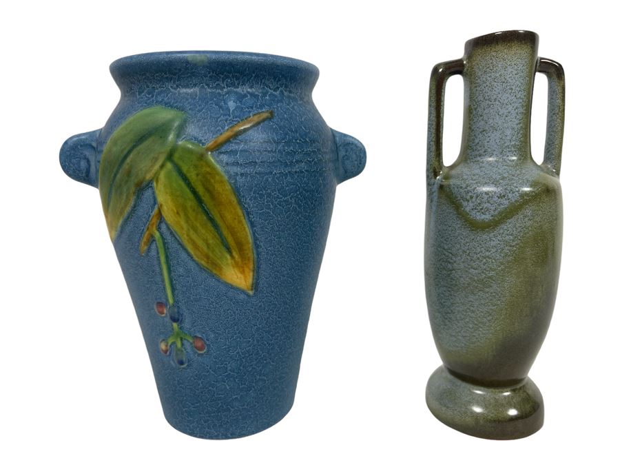 Signed Weller Pottery Vase On Left And Handled Pottery Vase On Right 6.5H [Photo 1]