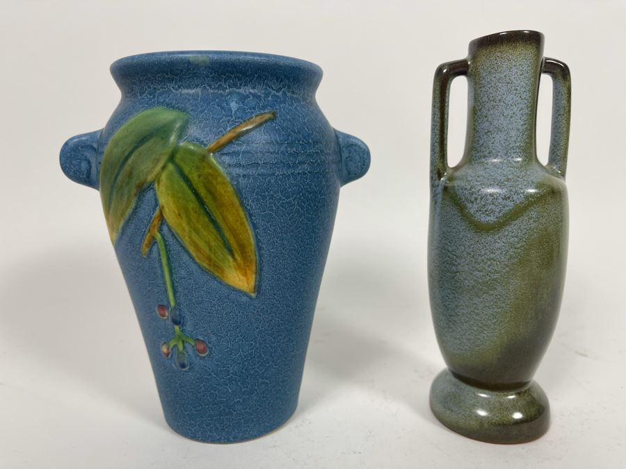 Signed Weller Pottery Vase On Left And Handled Pottery Vase On Right 6.5H [Photo 3]