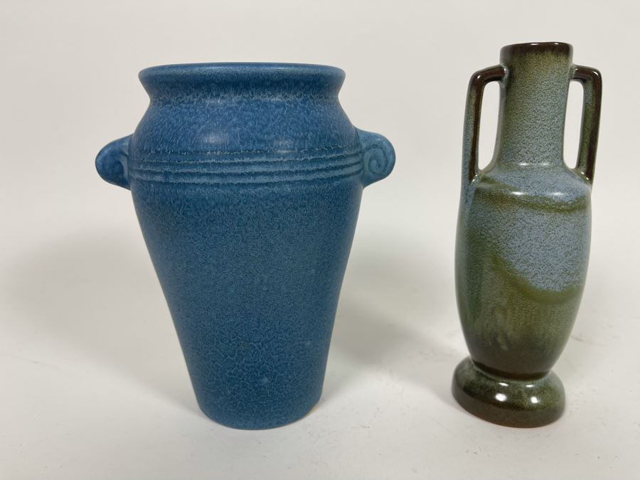 Signed Weller Pottery Vase On Left And Handled Pottery Vase On Right 6.5H [Photo 4]