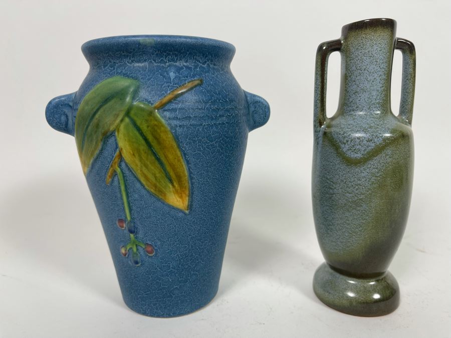 Signed Weller Pottery Vase On Left And Handled Pottery Vase On Right 6.5H