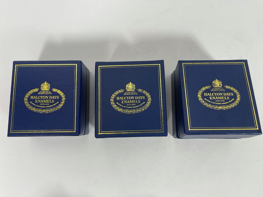 Set Of Three Halcyon Days Enamels England Easter Eggs 1986, 1988, 1989 With Boxes [Photo 6]