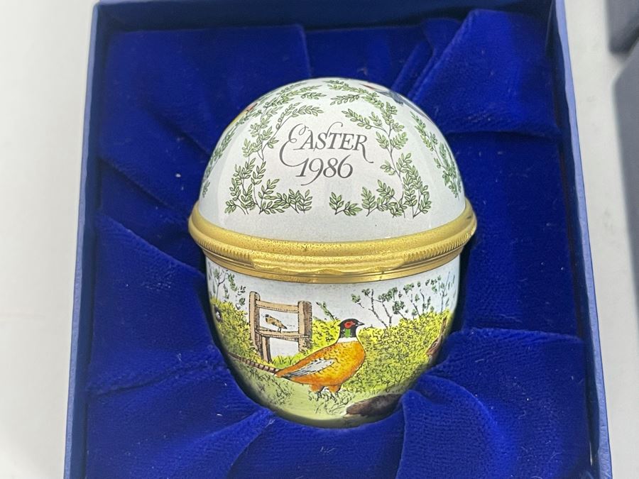 Set Of Three Halcyon Days Enamels England Easter Eggs 1986, 1988, 1989 With Boxes [Photo 2]