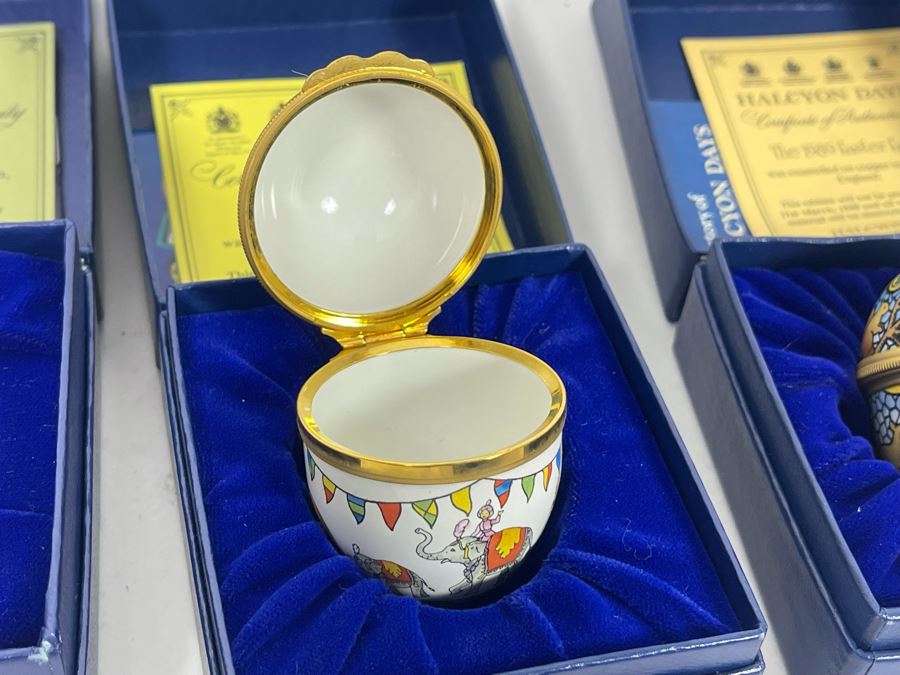 Set Of Three Halcyon Days Enamels England Easter Eggs 1986, 1988, 1989 With Boxes [Photo 5]