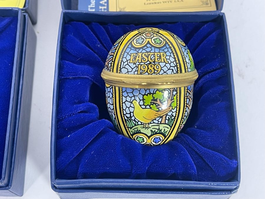 Set Of Three Halcyon Days Enamels England Easter Eggs 1986, 1988, 1989 With Boxes [Photo 4]
