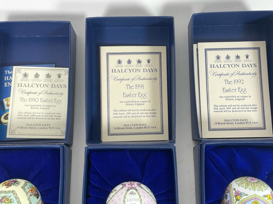 Set Of Three Halcyon Days Enamels England Easter Eggs 1990, 1991, 1992 With Boxes [Photo 5]