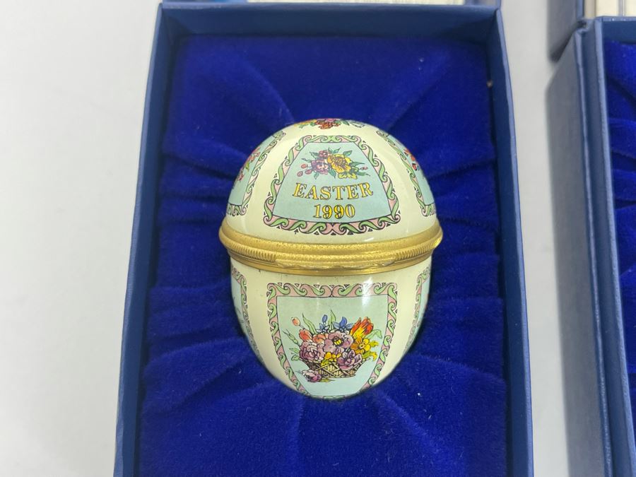 Set Of Three Halcyon Days Enamels England Easter Eggs 1990, 1991, 1992 With Boxes [Photo 2]