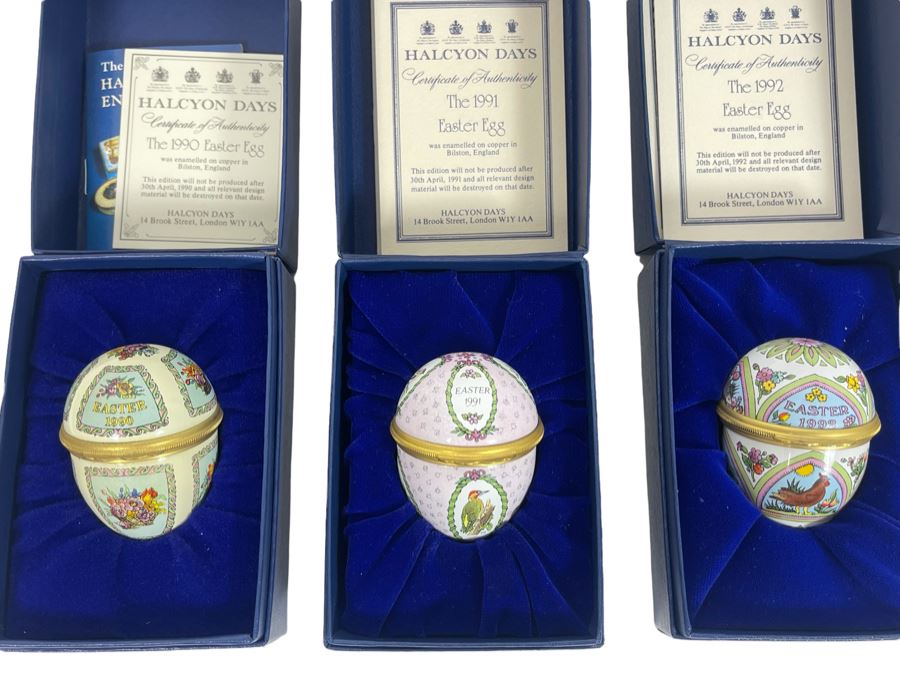 Set Of Three Halcyon Days Enamels England Easter Eggs 1990, 1991, 1992 With Boxes [Photo 1]