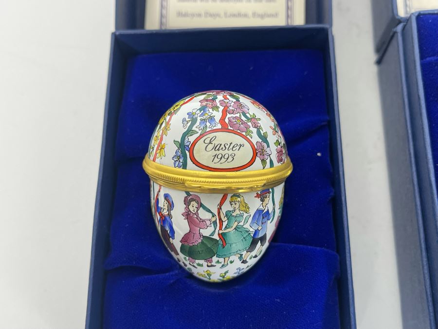 Set Of Three Halcyon Days Enamels England Easter Eggs 1993, 1994, 1995 With Boxes [Photo 2]