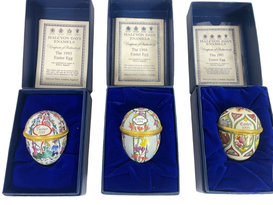 Set Of Three Halcyon Days Enamels England Easter Eggs 1993, 1994, 1995 With Boxes