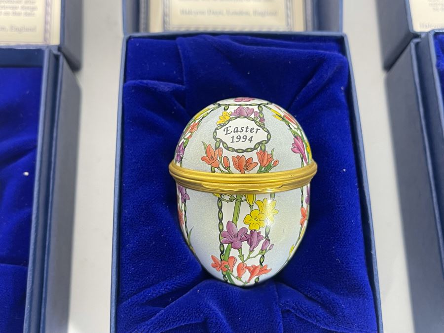 Set Of Three Halcyon Days Enamels England Easter Eggs 1993, 1994, 1995 With Boxes [Photo 3]