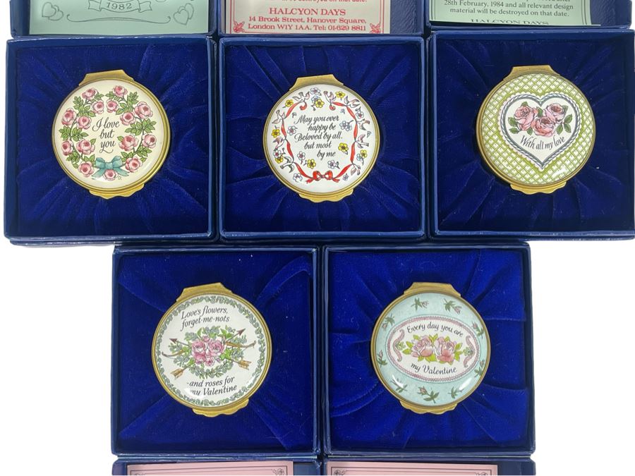 Set Of Five Halcyon Days Enamels England St. Valentine's Day Enamel Boxes 1982, 1983, 1984, 1986, 1988 With Boxes [Photo 1]