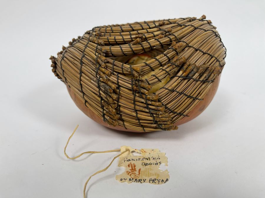 Handcrafted Gourd Pine Needle Basket By Mary Pryor 7W X 4H Retails $75 [Photo 2]