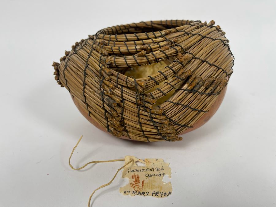 Handcrafted Gourd Pine Needle Basket By Mary Pryor 7W X 4H Retails $75 [Photo 3]