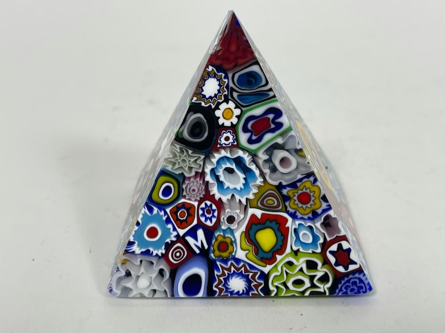 Millefleur Art Glass Pyramid Paperweight Made In Murano Italy By Pagan 2.5H [Photo 5]
