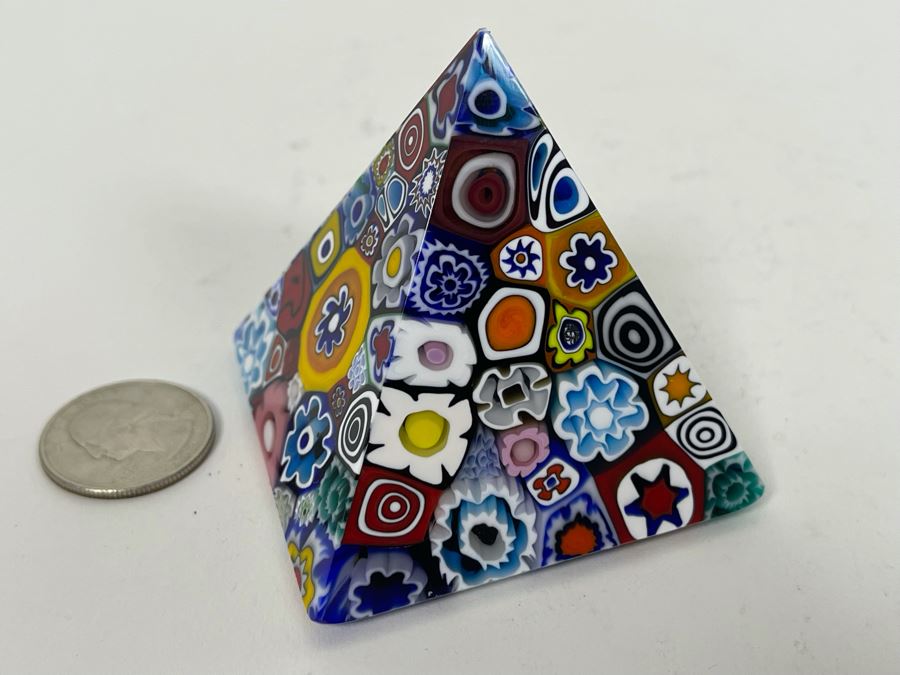 Millefleur Art Glass Pyramid Paperweight Made In Murano Italy By Pagan 2.5H [Photo 3]