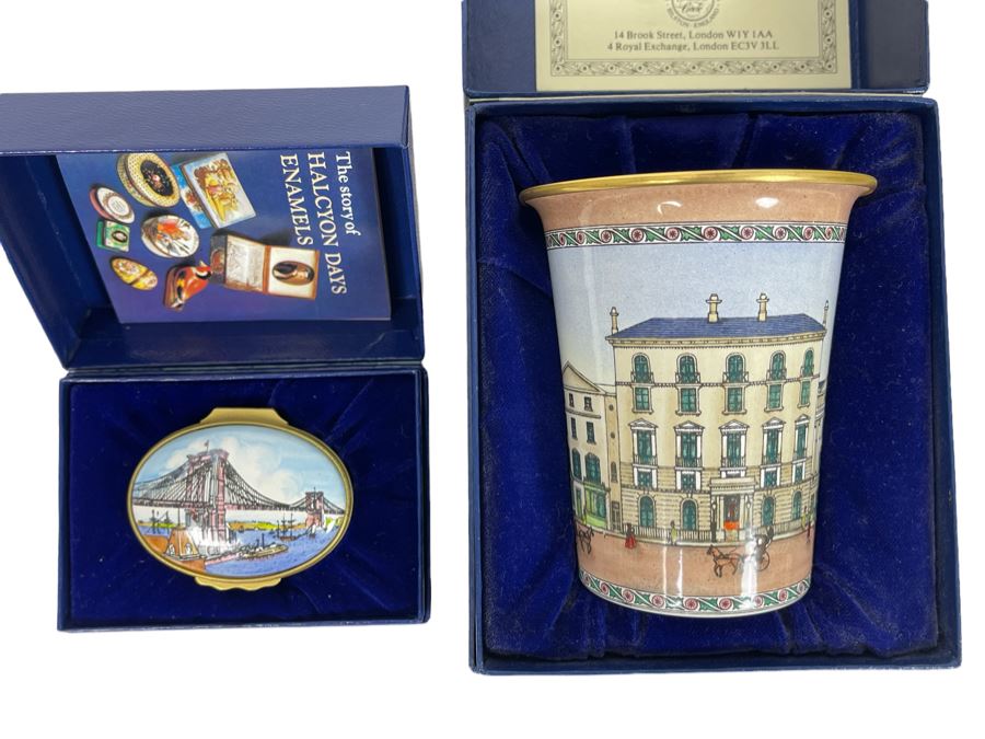 Tiffany & Co Designed Halcyon Days Enamels England Brooklyn Bridge Enamel Box And Limited Edition Cup To Commemorate The 150th Anniversary Of London's First Hansom Cab Both With Boxes [Photo 1]