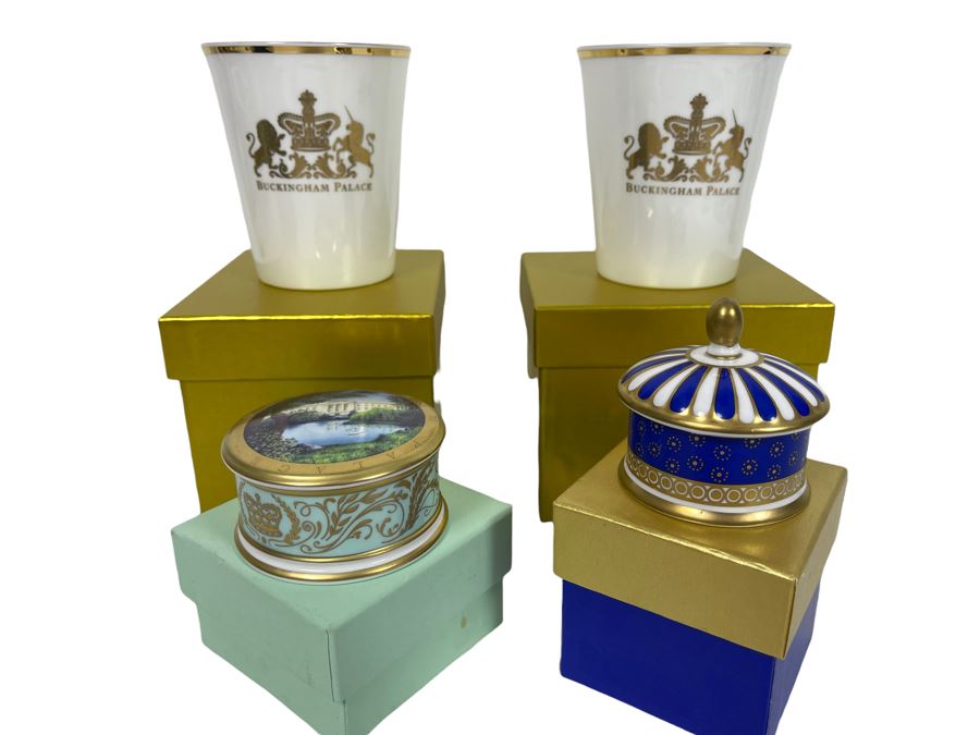 Various English Buckingham Palace China Pieces Including Pair Of Cups And Pair Of Lidded Boxes With Boxes [Photo 1]
