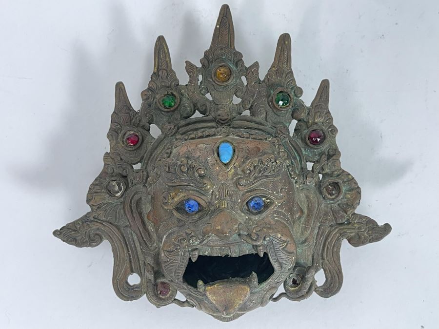 Vintage Tibetan Bronze Incense Burner Wall Mask 8W X 8H X 3D [Photo 2]