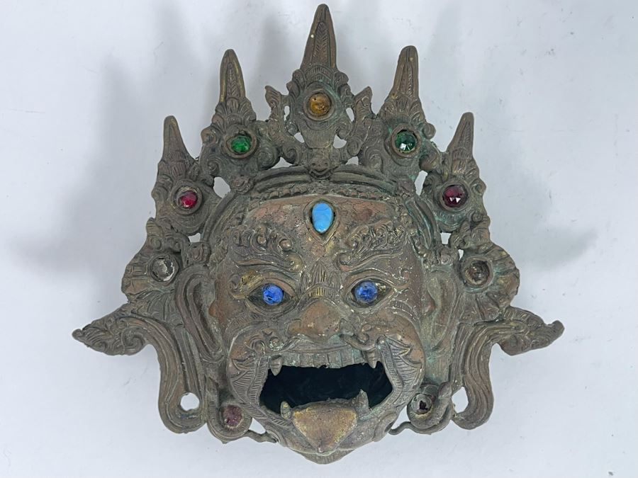 Vintage Tibetan Bronze Incense Burner Wall Mask 8W X 8H X 3D [Photo 3]