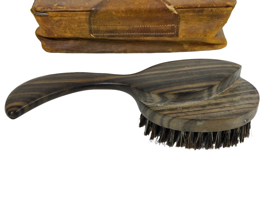 Vintage Japanese Natural Ebony Brush With Leather Case By Progressive [Photo 1]