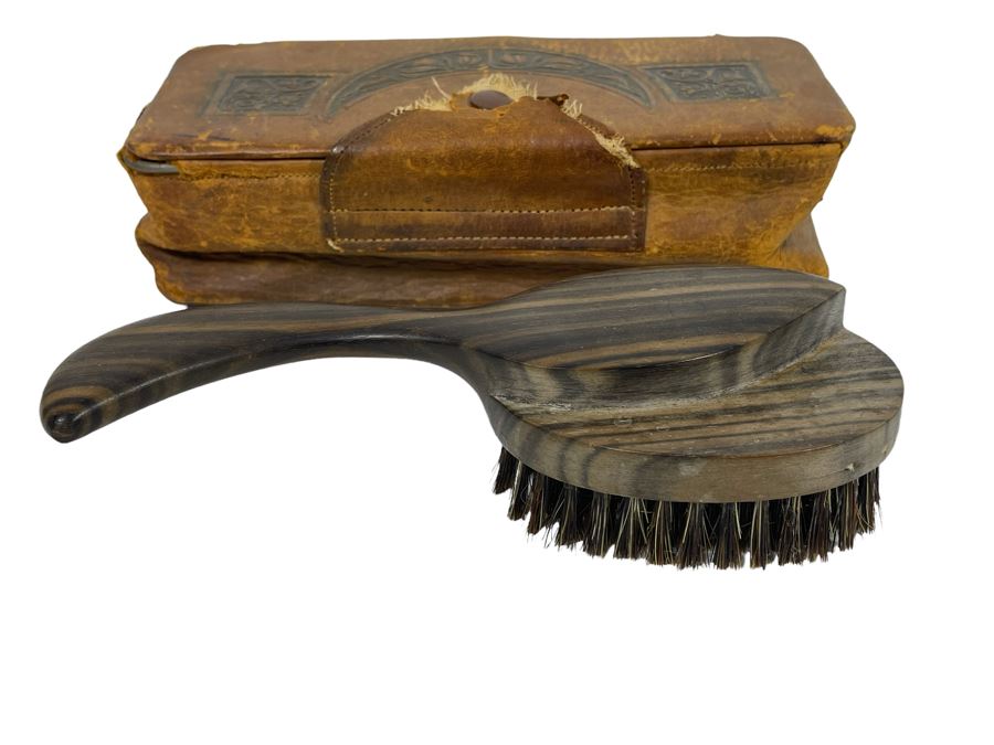 Vintage Japanese Natural Ebony Brush With Leather Case By Progressive [Photo 2]