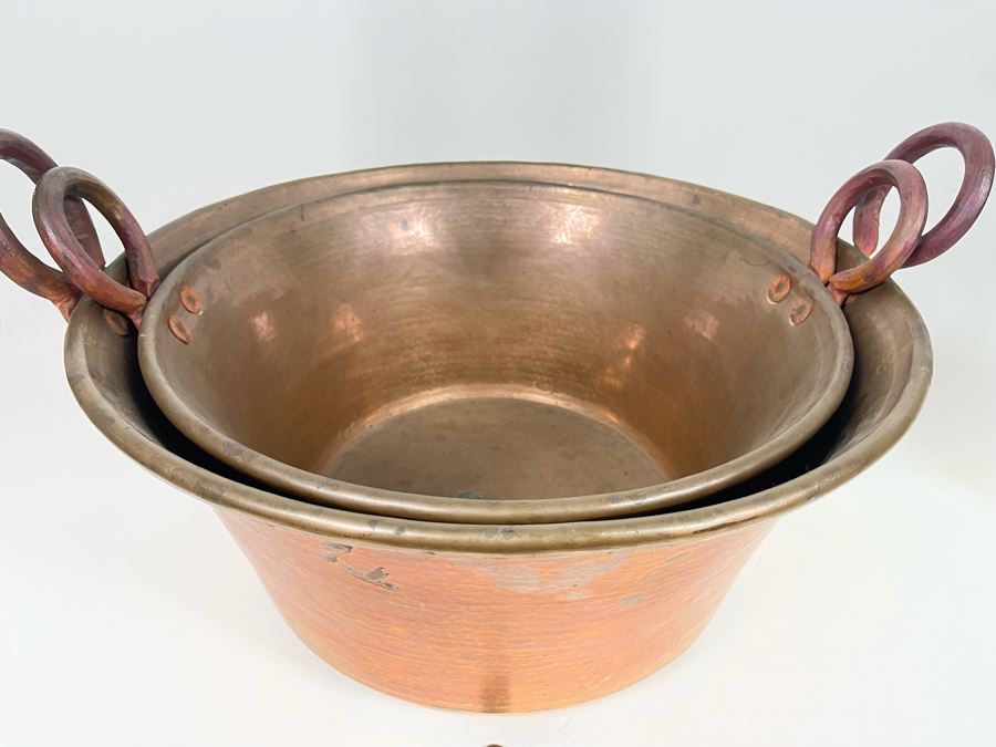 Very Large Handled Copper Pots Bowls Heavy 21.5R & 18R [Photo 5]