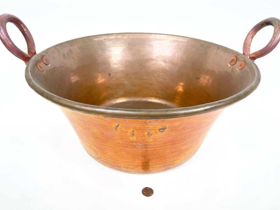 Very Large Handled Copper Pots Bowls Heavy 21.5R & 18R [Photo 14]
