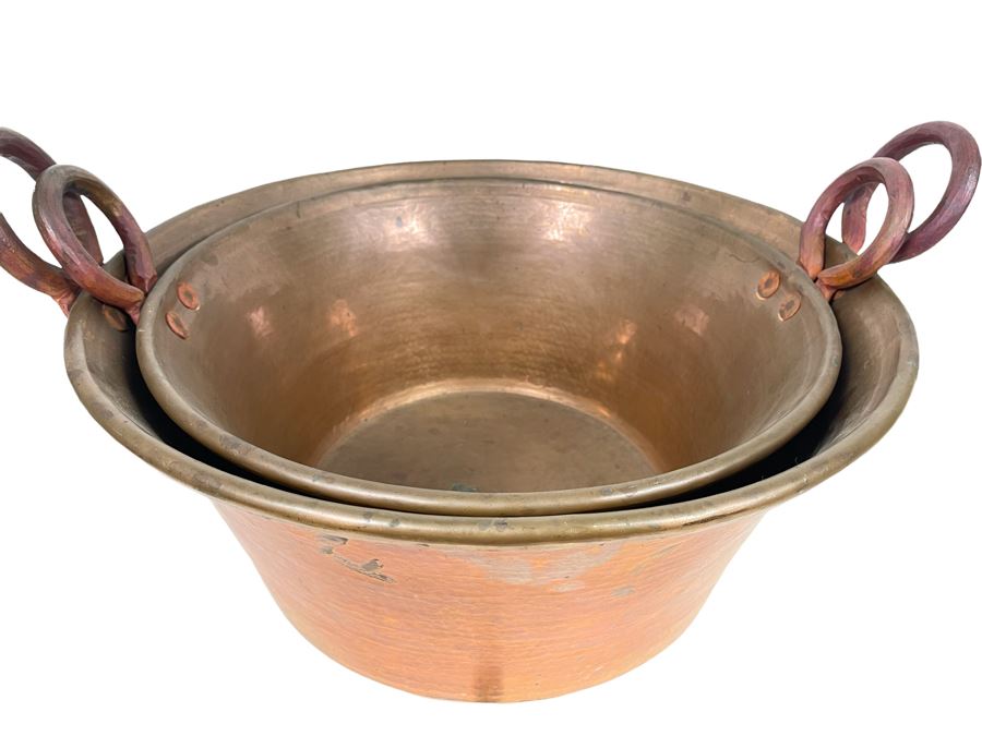 Very Large Handled Copper Pots Bowls Heavy 21.5R & 18R [Photo 2]