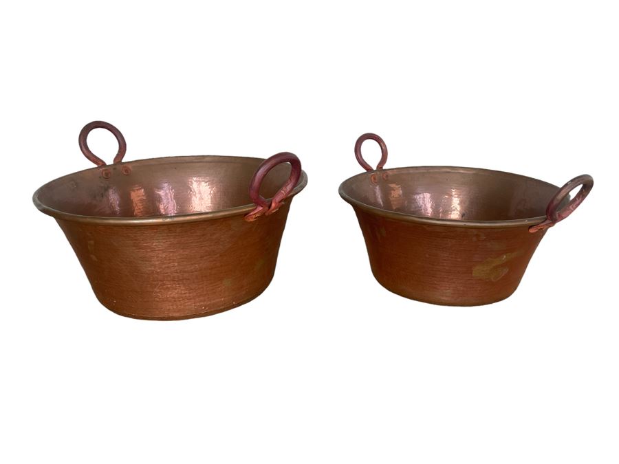 Very Large Handled Copper Pots Bowls Heavy 21.5R & 18R [Photo 1]