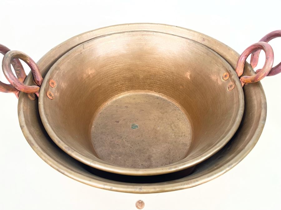 Very Large Handled Copper Pots Bowls Heavy 21.5R & 18R [Photo 6]