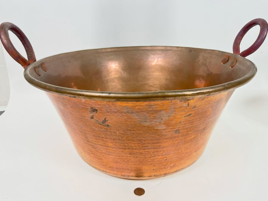 Very Large Handled Copper Pots Bowls Heavy 21.5R & 18R [Photo 10]