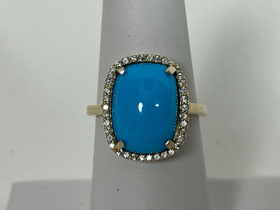 10K Gold Dyed Turquoise CZ Ring Size 6.75 4.1g [Photo 3]