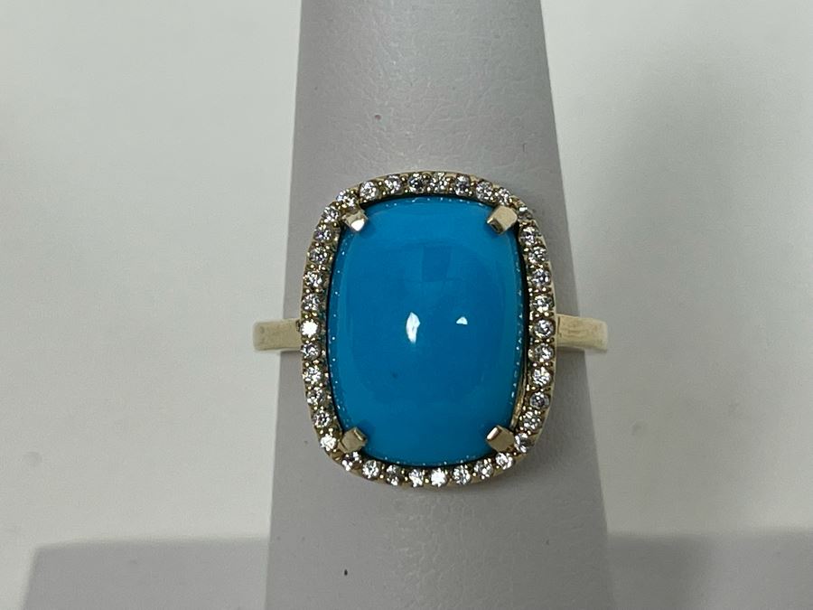 10K Gold Dyed Turquoise CZ Ring Size 6.75 4.1g [Photo 2]