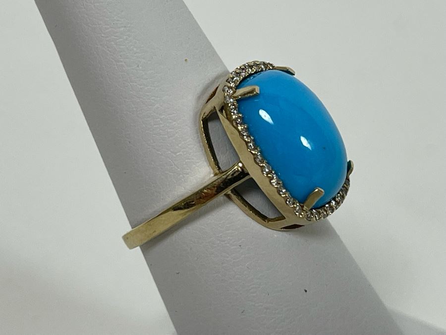 10K Gold Dyed Turquoise CZ Ring Size 6.75 4.1g [Photo 4]