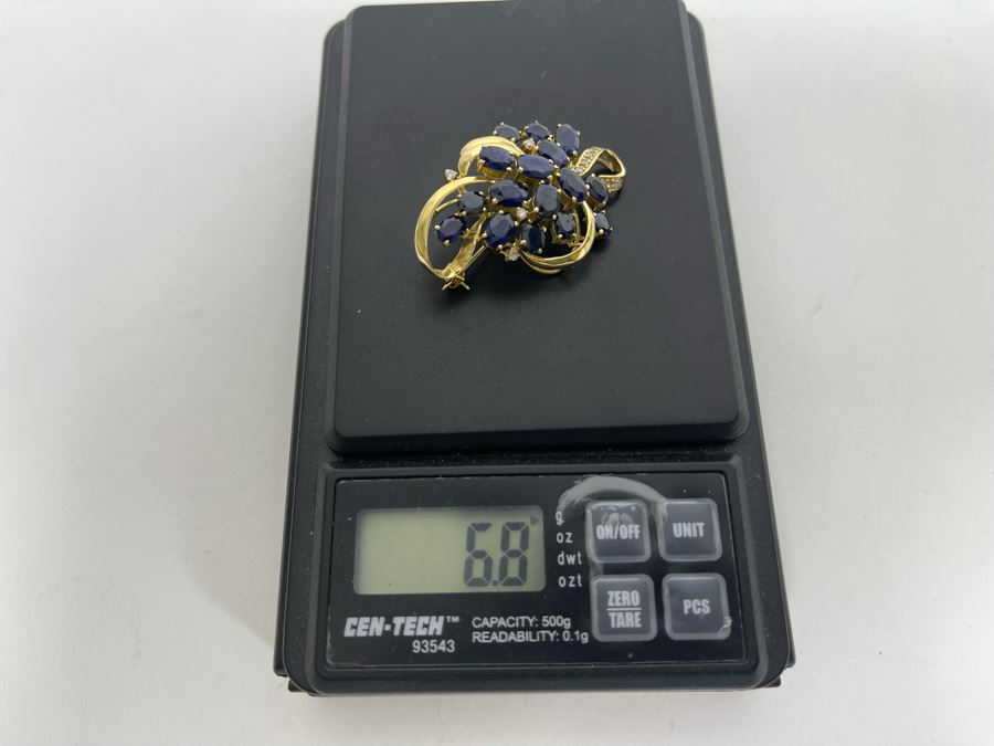14K Gold Sapphire Diamond Brooch Pin 6.8g Retails $800-$1,200 [Photo 10]