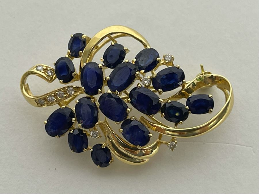 14K Gold Sapphire Diamond Brooch Pin 6.8g Retails $800-$1,200 [Photo 13]