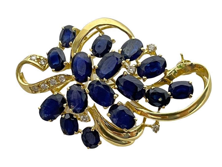 14K Gold Sapphire Diamond Brooch Pin 6.8g Retails $800-$1,200 [Photo 1]