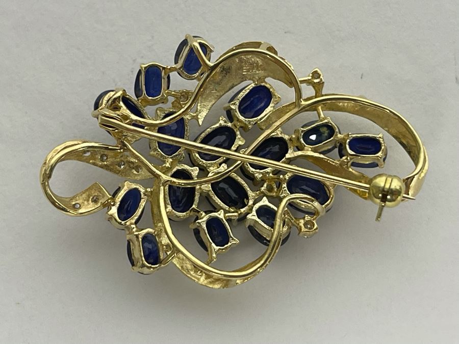 14K Gold Sapphire Diamond Brooch Pin 6.8g Retails $800-$1,200 [Photo 8]