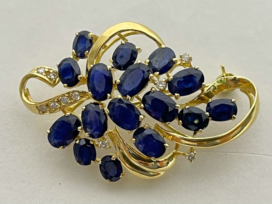 14K Gold Sapphire Diamond Brooch Pin 6.8g Retails $800-$1,200 [Photo 11]