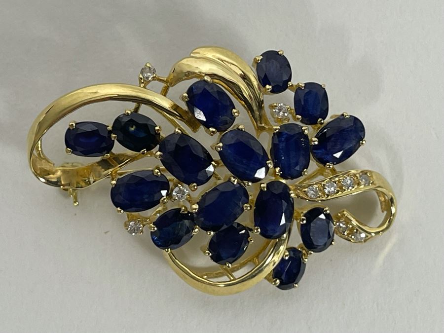 14K Gold Sapphire Diamond Brooch Pin 6.8g Retails $800-$1,200 [Photo 5]