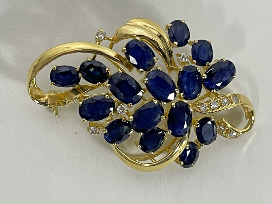 14K Gold Sapphire Diamond Brooch Pin 6.8g Retails $800-$1,200 [Photo 7]