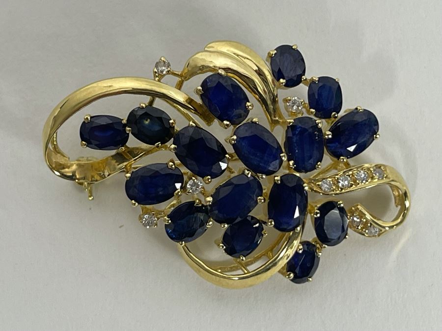14K Gold Sapphire Diamond Brooch Pin 6.8g Retails $800-$1,200 [Photo 3]