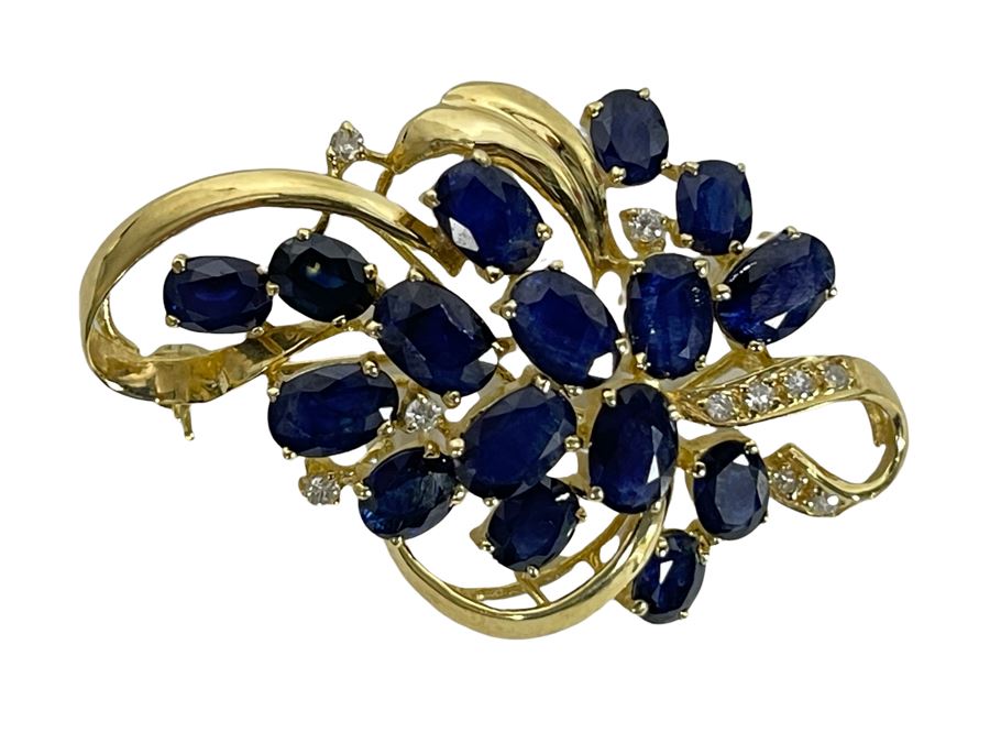 14K Gold Sapphire Diamond Brooch Pin 6.8g Retails $800-$1,200 [Photo 2]