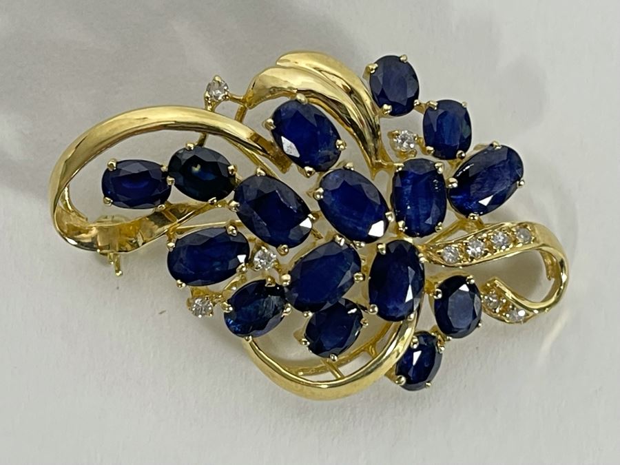 14K Gold Sapphire Diamond Brooch Pin 6.8g Retails $800-$1,200 [Photo 6]