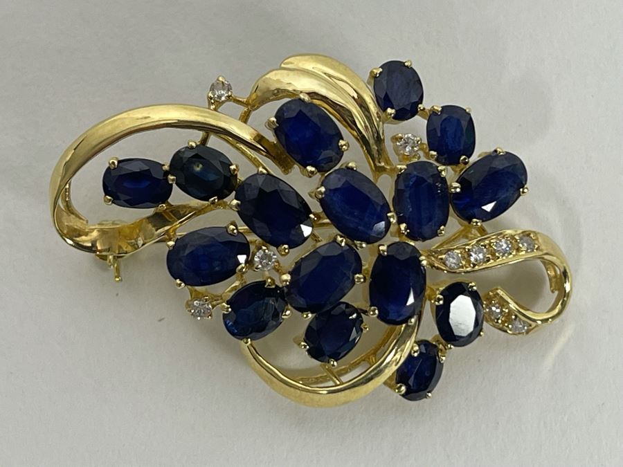 14K Gold Sapphire Diamond Brooch Pin 6.8g Retails $800-$1,200 [Photo 4]