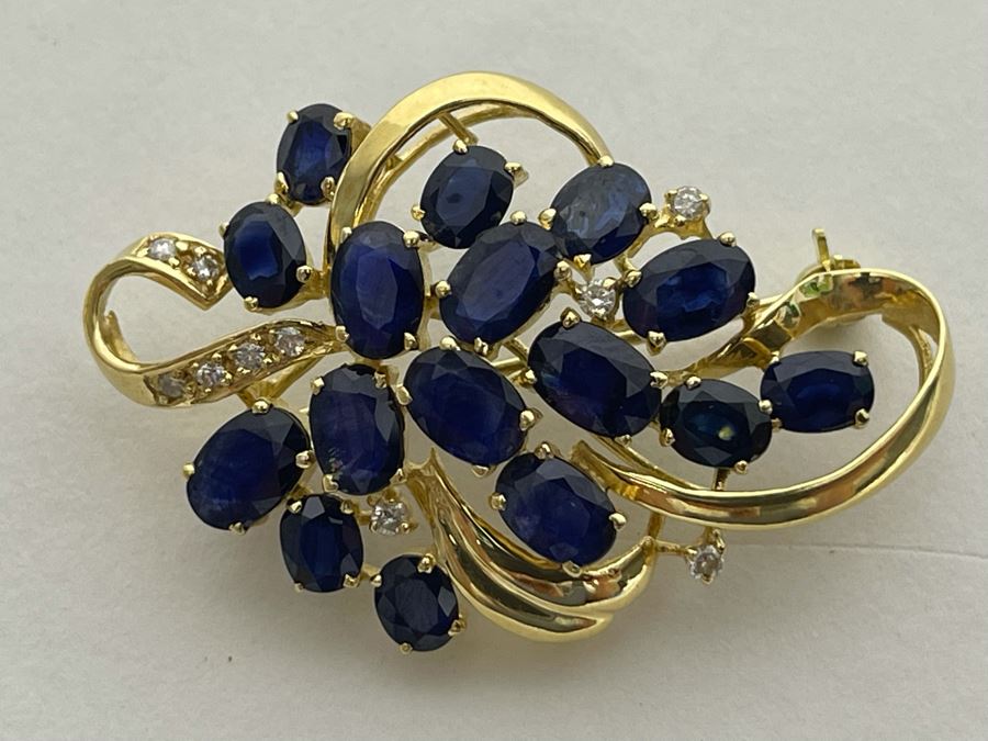 14K Gold Sapphire Diamond Brooch Pin 6.8g Retails $800-$1,200 [Photo 12]