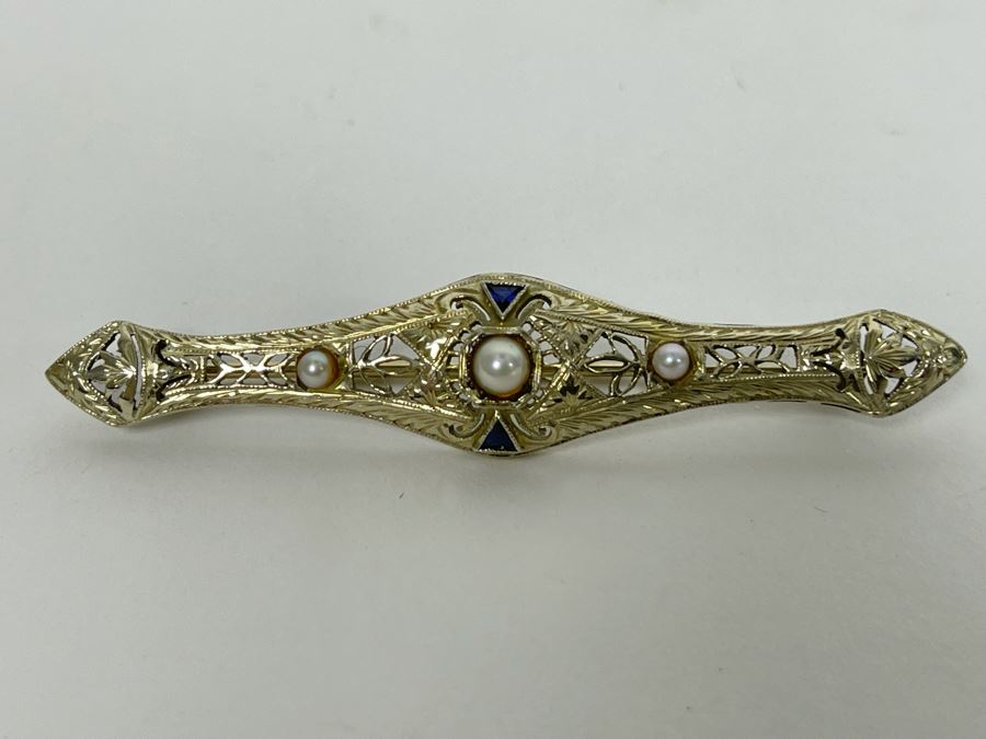 14K Gold Sapphire Pearl Bar Brooch Pin 5.7g Retails $500-$750 [Photo 3]