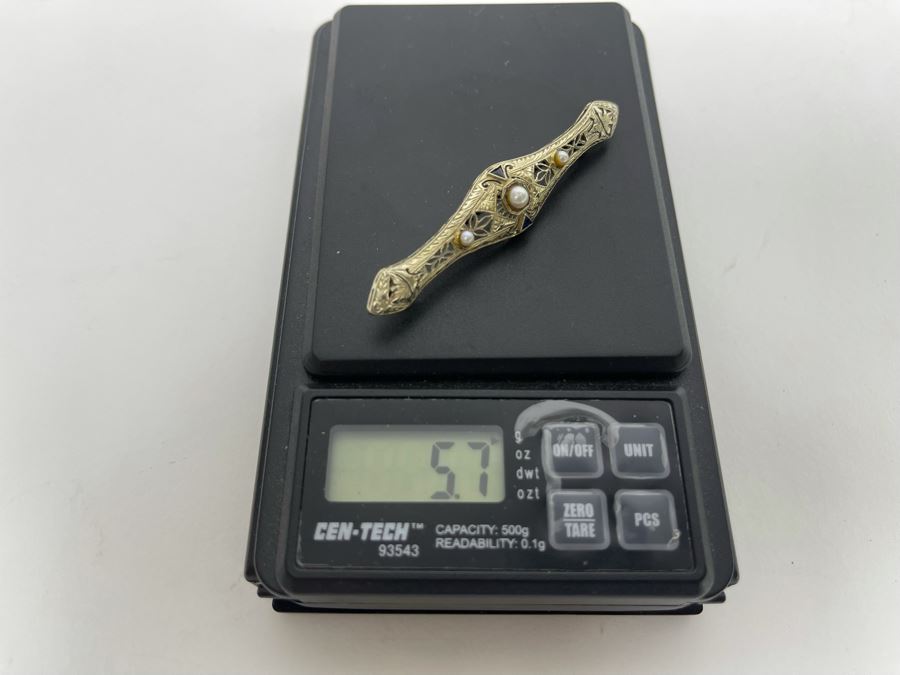 14K Gold Sapphire Pearl Bar Brooch Pin 5.7g Retails $500-$750 [Photo 10]